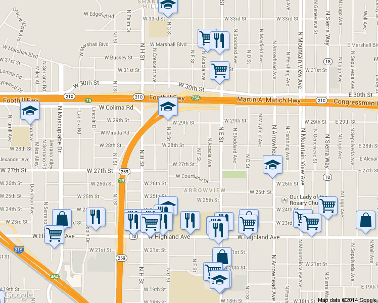 map of restaurants, bars, coffee shops, grocery stores, and more near 2780 North Louise Street in San Bernardino
