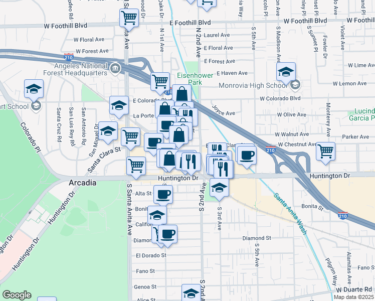 map of restaurants, bars, coffee shops, grocery stores, and more near 199 North 2nd Avenue in Arcadia