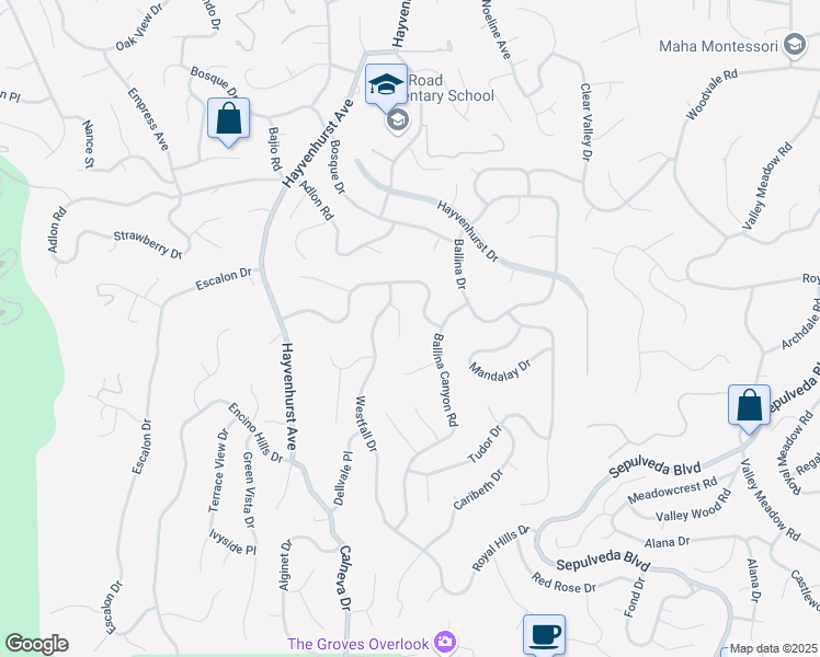 map of restaurants, bars, coffee shops, grocery stores, and more near 16447 Westfall Place in Los Angeles