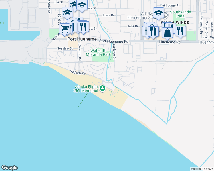 map of restaurants, bars, coffee shops, grocery stores, and more near 647 Ocean View Drive in Port Hueneme