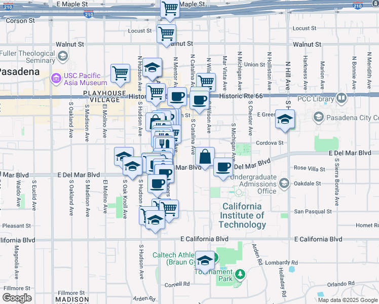 map of restaurants, bars, coffee shops, grocery stores, and more near in Pasadena