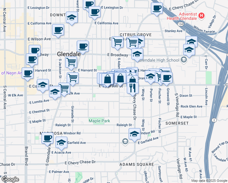 map of restaurants, bars, coffee shops, grocery stores, and more near 401 South Adams Street in Glendale