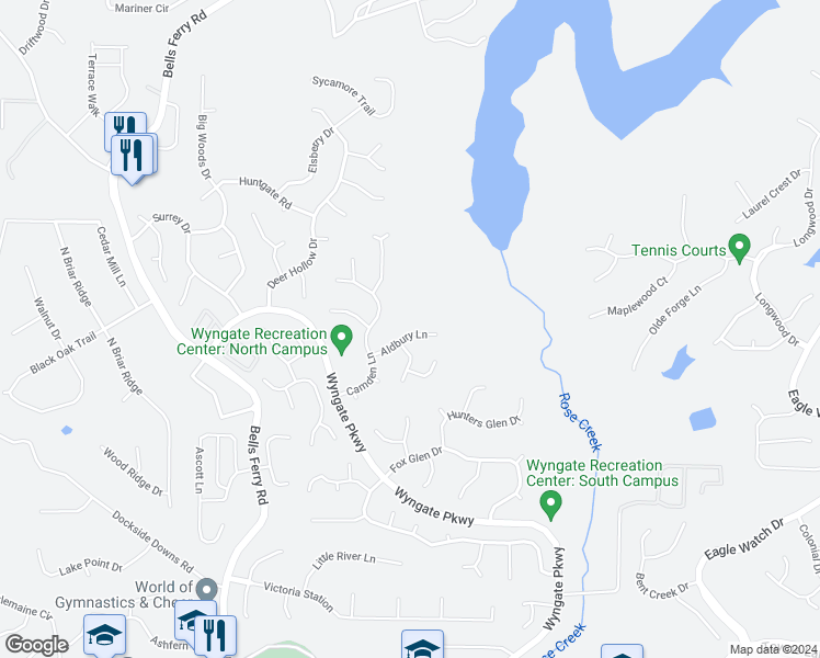 map of restaurants, bars, coffee shops, grocery stores, and more near 2013 Aldbury Lane in Woodstock