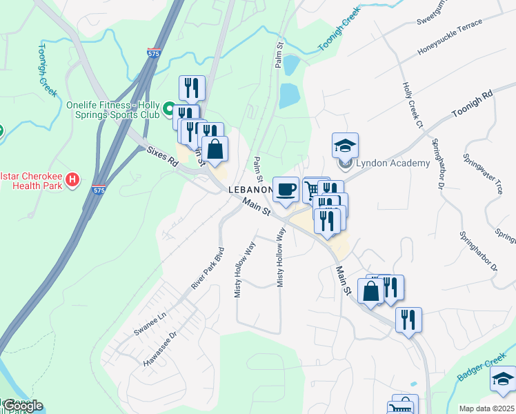 map of restaurants, bars, coffee shops, grocery stores, and more near in Cherokee County