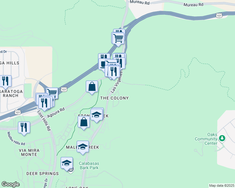 map of restaurants, bars, coffee shops, grocery stores, and more near 4659 Cielo Circle in Calabasas