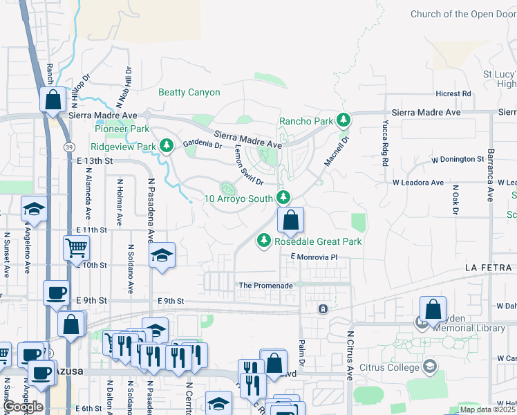 map of restaurants, bars, coffee shops, grocery stores, and more near 1171 North Lopez Lane in Azusa