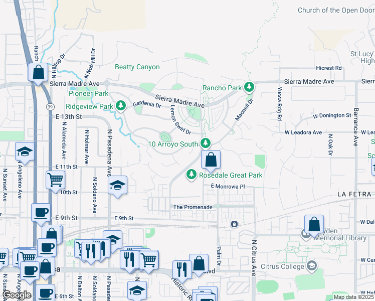 map of restaurants, bars, coffee shops, grocery stores, and more near 1171 North Lopez Lane in Azusa