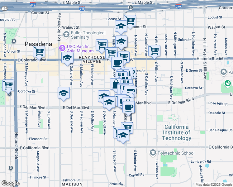 map of restaurants, bars, coffee shops, grocery stores, and more near 225 South Lake Avenue in Pasadena