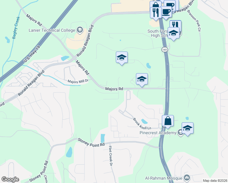 map of restaurants, bars, coffee shops, grocery stores, and more near 8115 Majors Glen Court in Cumming