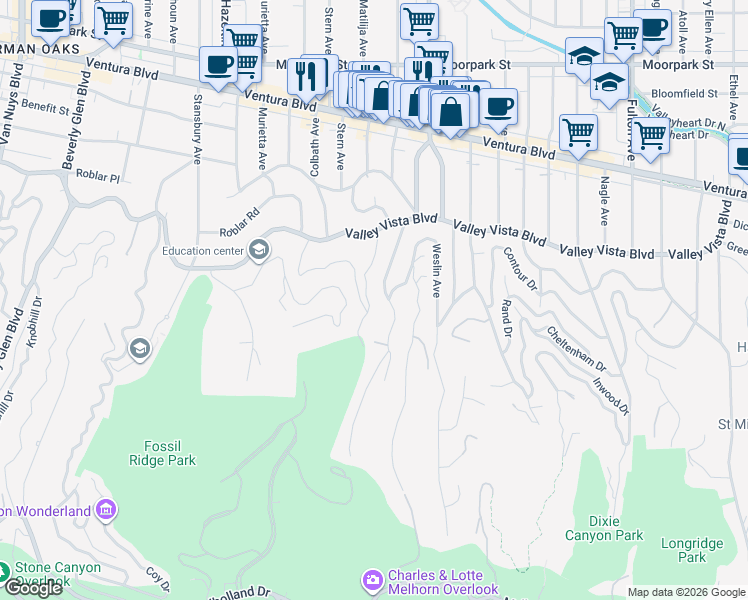 map of restaurants, bars, coffee shops, grocery stores, and more near 3940 Davana Road in Los Angeles