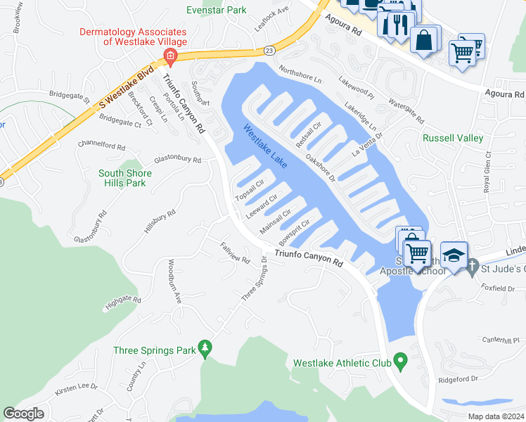 map of restaurants, bars, coffee shops, grocery stores, and more near 2382 Leeward Circle in Westlake Village