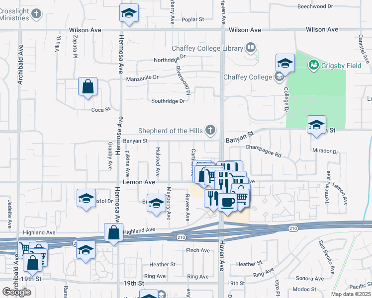 map of restaurants, bars, coffee shops, grocery stores, and more near 10350 Liberty Street in Rancho Cucamonga