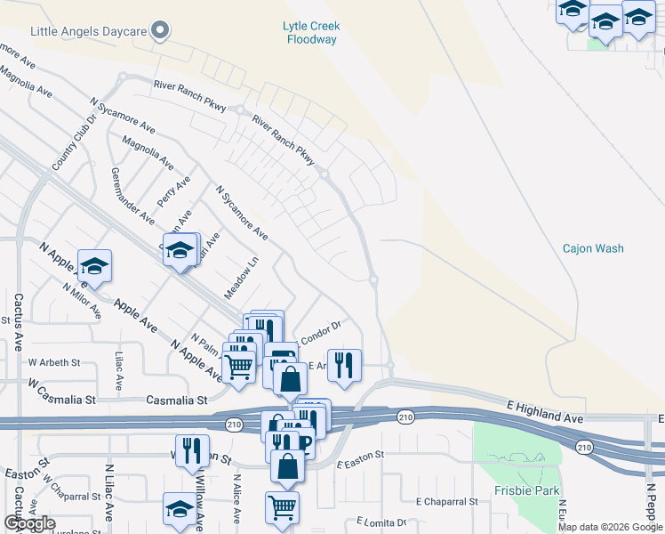 map of restaurants, bars, coffee shops, grocery stores, and more near 2315 Powell Drive in Rialto