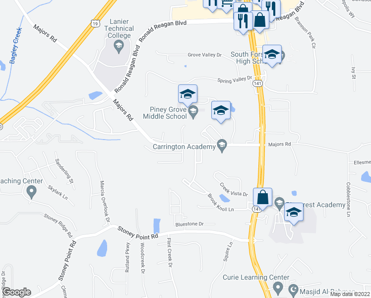 map of restaurants, bars, coffee shops, grocery stores, and more near 8085 Majors Ridge Way in Cumming