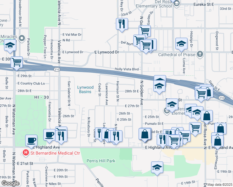 map of restaurants, bars, coffee shops, grocery stores, and more near 1097 28th Street East in San Bernardino