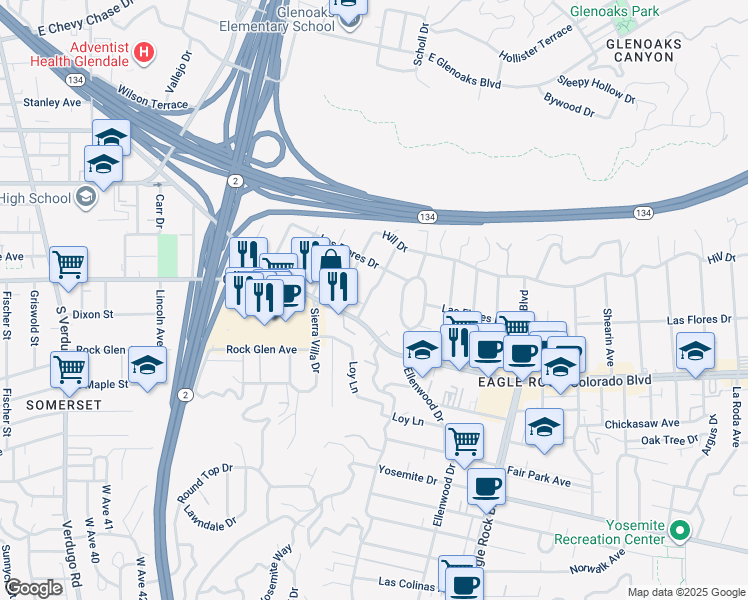 map of restaurants, bars, coffee shops, grocery stores, and more near 5226 College View Avenue in Los Angeles