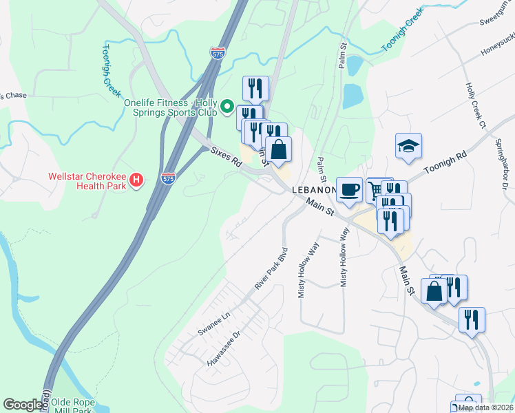 map of restaurants, bars, coffee shops, grocery stores, and more near 221-231 Rope Mill Parkway in Woodstock
