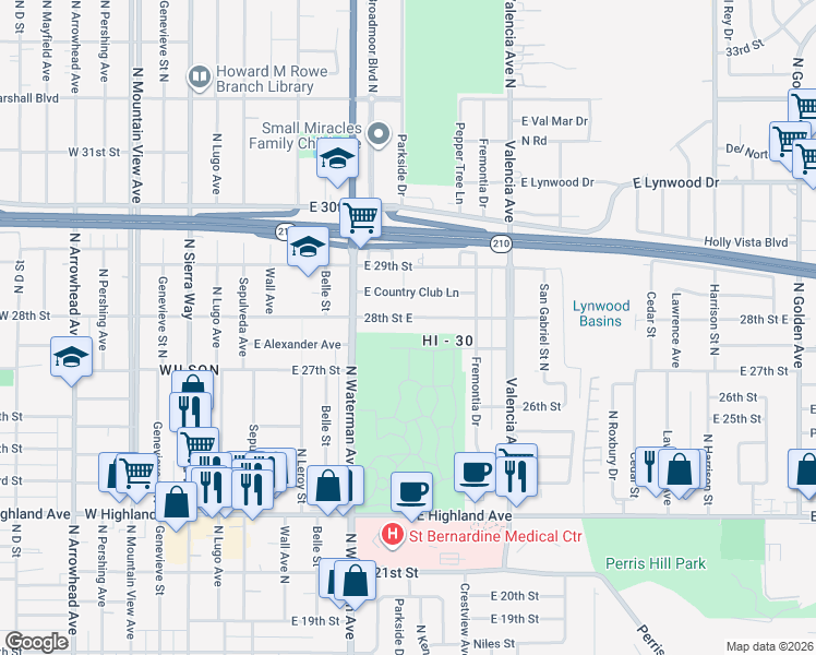 map of restaurants, bars, coffee shops, grocery stores, and more near 503 28th Street East in San Bernardino