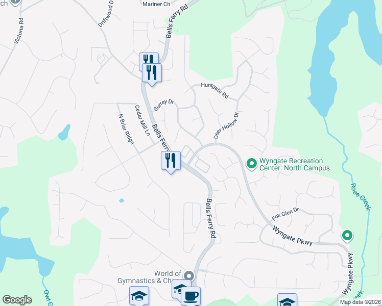 map of restaurants, bars, coffee shops, grocery stores, and more near 156 Rose Cottage Lane in Woodstock