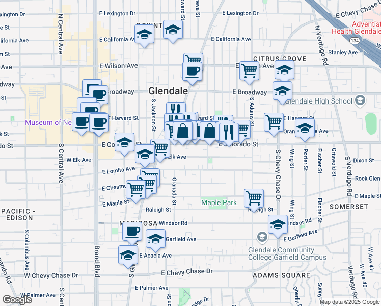 map of restaurants, bars, coffee shops, grocery stores, and more near 702 East Elk Avenue in Glendale