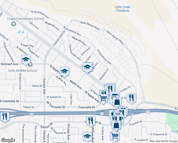 map of restaurants, bars, coffee shops, grocery stores, and more near 19650 Kauri Avenue in Rialto