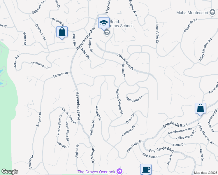 map of restaurants, bars, coffee shops, grocery stores, and more near 16447 Westfall Place in Los Angeles