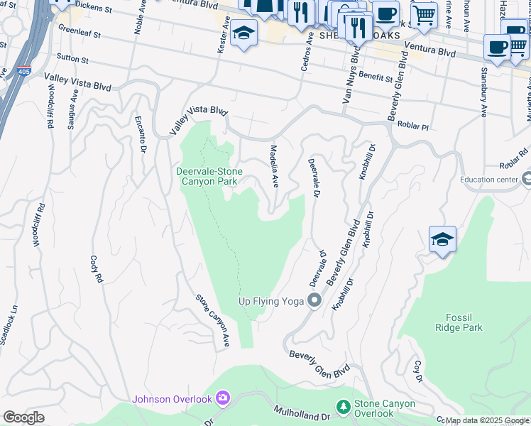 map of restaurants, bars, coffee shops, grocery stores, and more near 14818 Round Valley Drive in Los Angeles