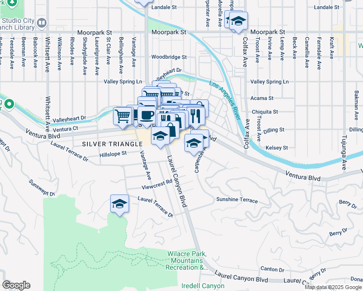 map of restaurants, bars, coffee shops, grocery stores, and more near 3912 Laurel Canyon Boulevard in Los Angeles
