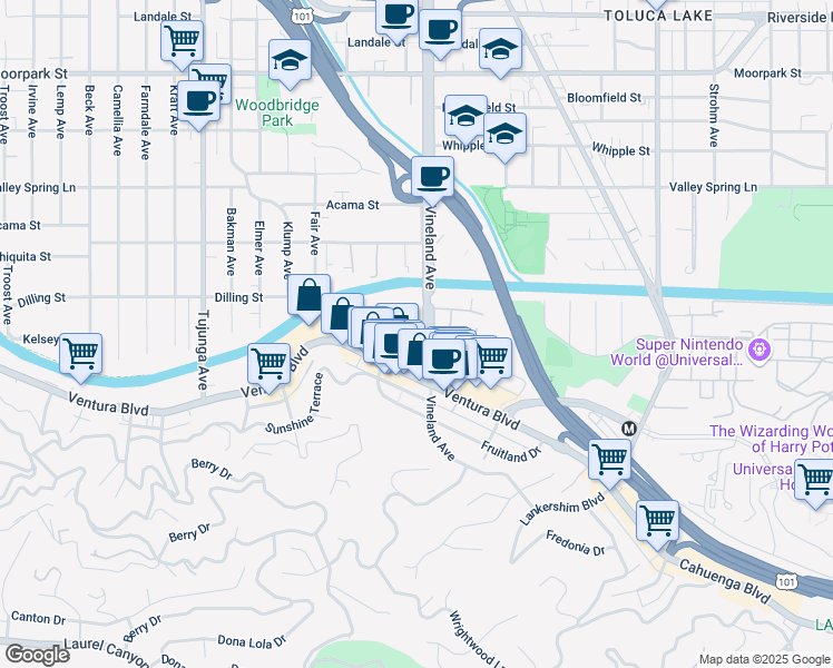 map of restaurants, bars, coffee shops, grocery stores, and more near 4045 Vineland Avenue in Los Angeles