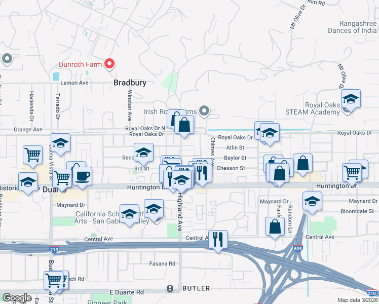 map of restaurants, bars, coffee shops, grocery stores, and more near 1812 Second Street in Duarte