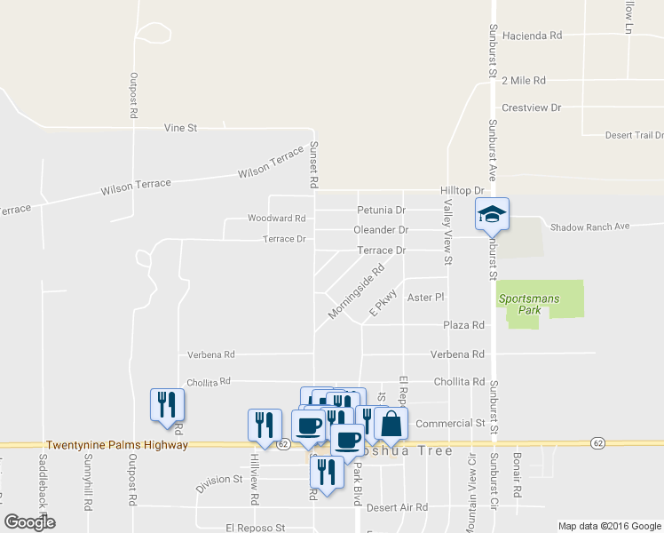 map of restaurants, bars, coffee shops, grocery stores, and more near 6101 Scenic Drive in Joshua Tree