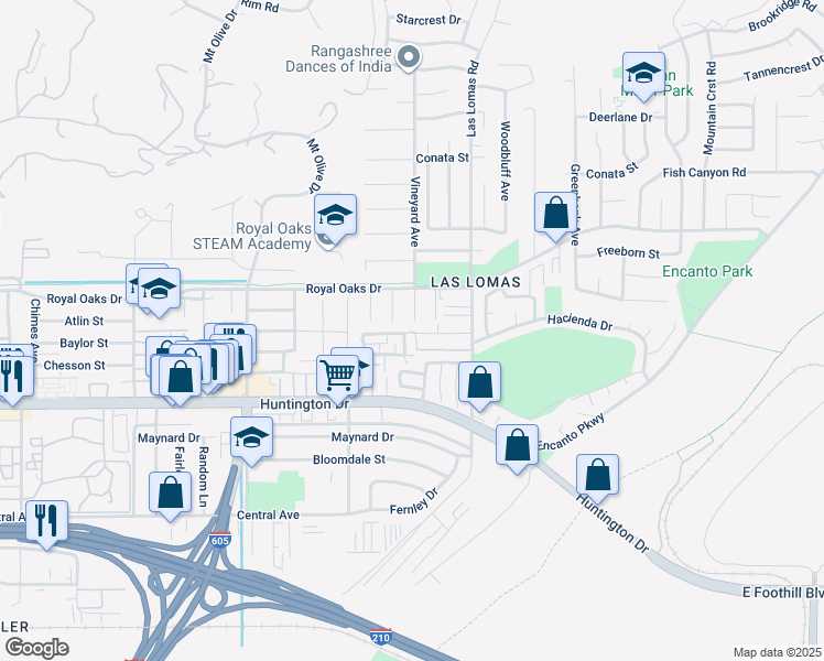map of restaurants, bars, coffee shops, grocery stores, and more near 888 Swiss Trails Road in Duarte