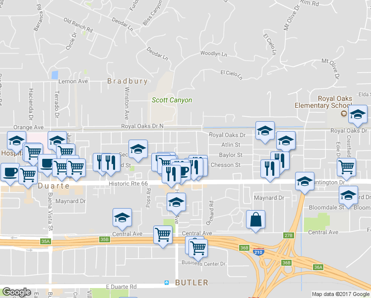 map of restaurants, bars, coffee shops, grocery stores, and more near 1817 Second Street in Duarte