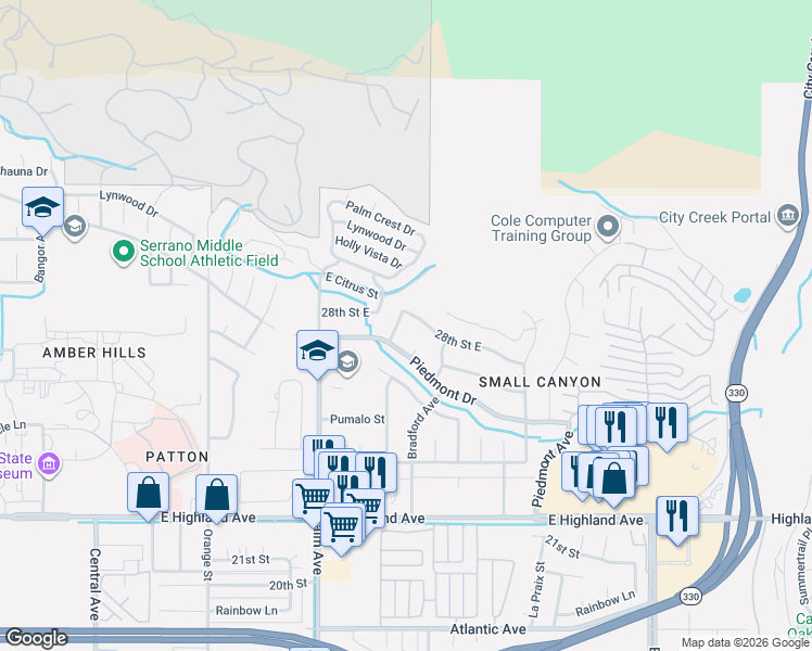 map of restaurants, bars, coffee shops, grocery stores, and more near 2785 Bonita Drive in Highland