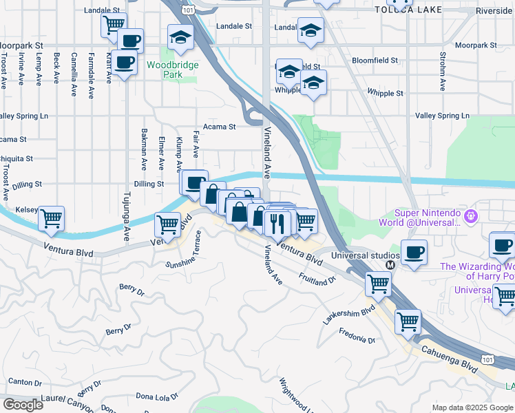 map of restaurants, bars, coffee shops, grocery stores, and more near 4045 Vineland Avenue in Los Angeles