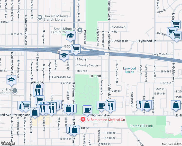 map of restaurants, bars, coffee shops, grocery stores, and more near 547 28th Street East in San Bernardino