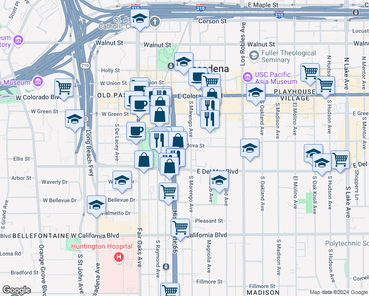 map of restaurants, bars, coffee shops, grocery stores, and more near 217 South Marengo Avenue in Pasadena