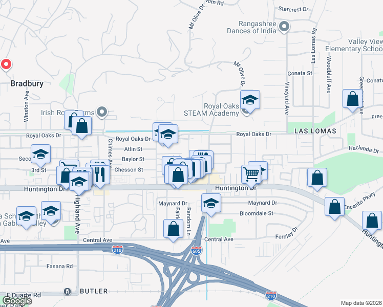 map of restaurants, bars, coffee shops, grocery stores, and more near 856 Random Lane in Duarte