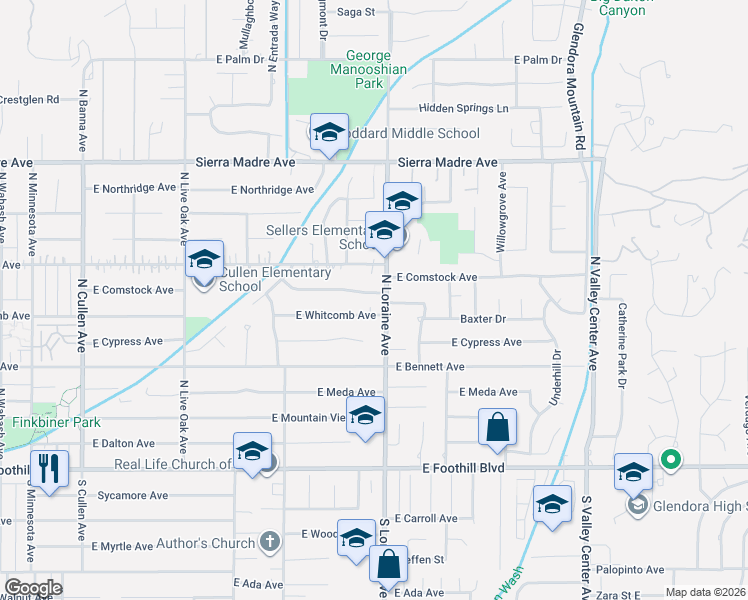 map of restaurants, bars, coffee shops, grocery stores, and more near 1048 East Comstock Avenue in Glendora