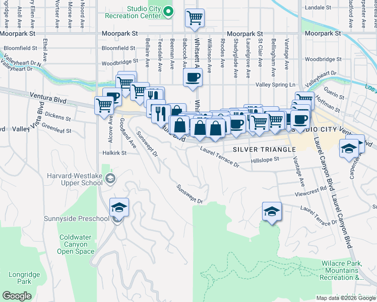 map of restaurants, bars, coffee shops, grocery stores, and more near 4182 Sunswept Drive in Los Angeles