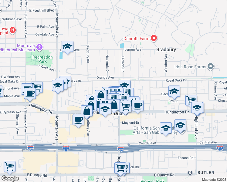 map of restaurants, bars, coffee shops, grocery stores, and more near 819 Buena Vista Street in Duarte