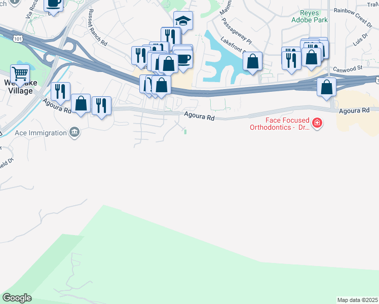 map of restaurants, bars, coffee shops, grocery stores, and more near Agoura Road in Agoura Hills