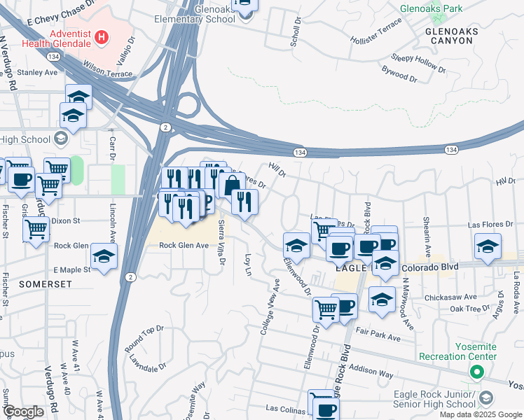 map of restaurants, bars, coffee shops, grocery stores, and more near 5226 College View Avenue in Los Angeles
