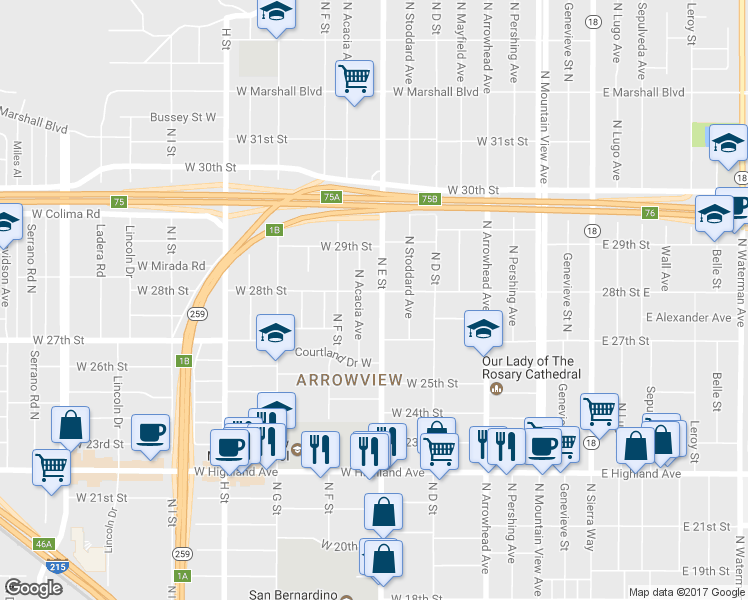 map of restaurants, bars, coffee shops, grocery stores, and more near in San Bernardino