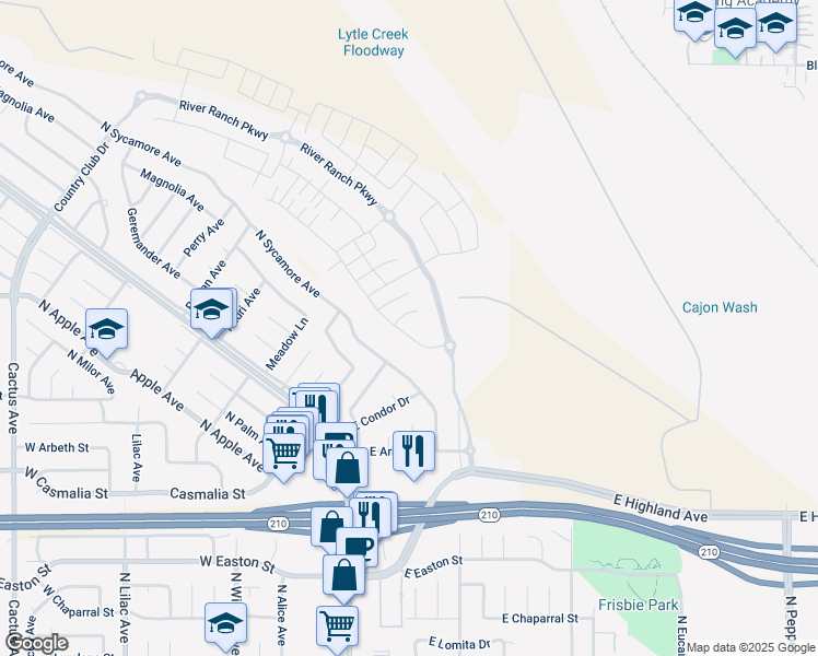 map of restaurants, bars, coffee shops, grocery stores, and more near 2335 Powell Drive in Rialto