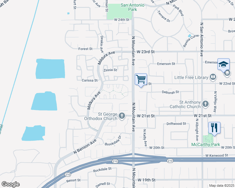 map of restaurants, bars, coffee shops, grocery stores, and more near 2166 Malati Circle in Upland