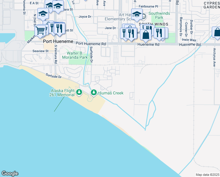 map of restaurants, bars, coffee shops, grocery stores, and more near 932 Lighthouse Way in Port Hueneme