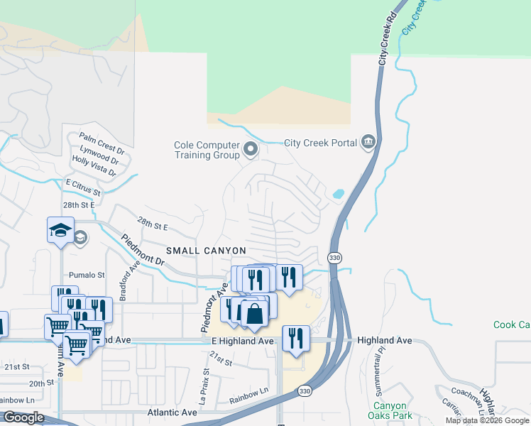 map of restaurants, bars, coffee shops, grocery stores, and more near 4095 East Mirada Street in Highland