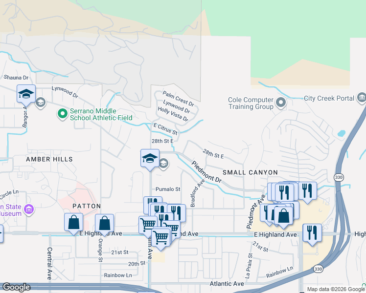 map of restaurants, bars, coffee shops, grocery stores, and more near 3748 Piedmont Drive in Highland
