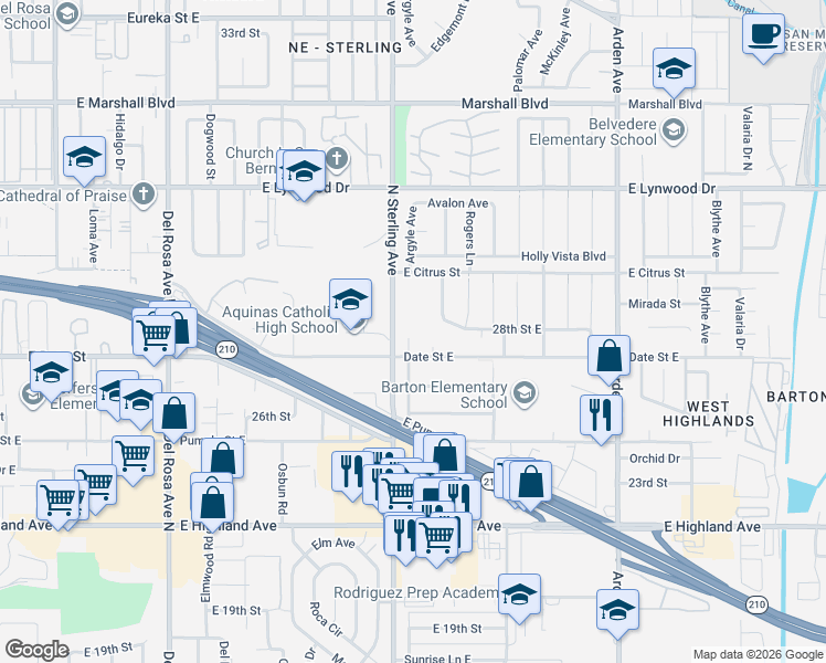 map of restaurants, bars, coffee shops, grocery stores, and more near 25742 Date Street East in San Bernardino